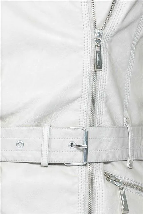 Belted Biker Leather Jacket (Stone)