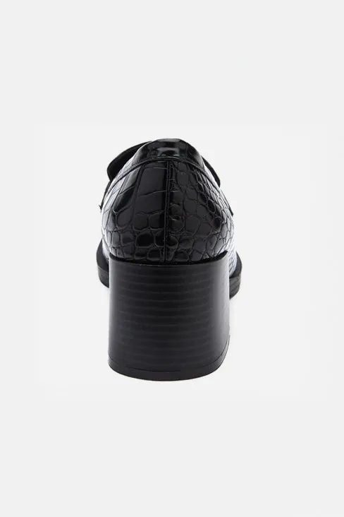 Black Croc Pace Heeled Penny Loafers