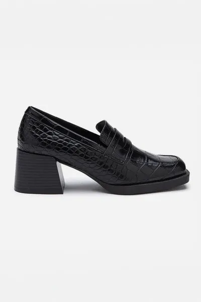 Black Croc Pace Heeled Penny Loafers