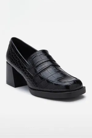 Black Croc Pace Heeled Penny Loafers