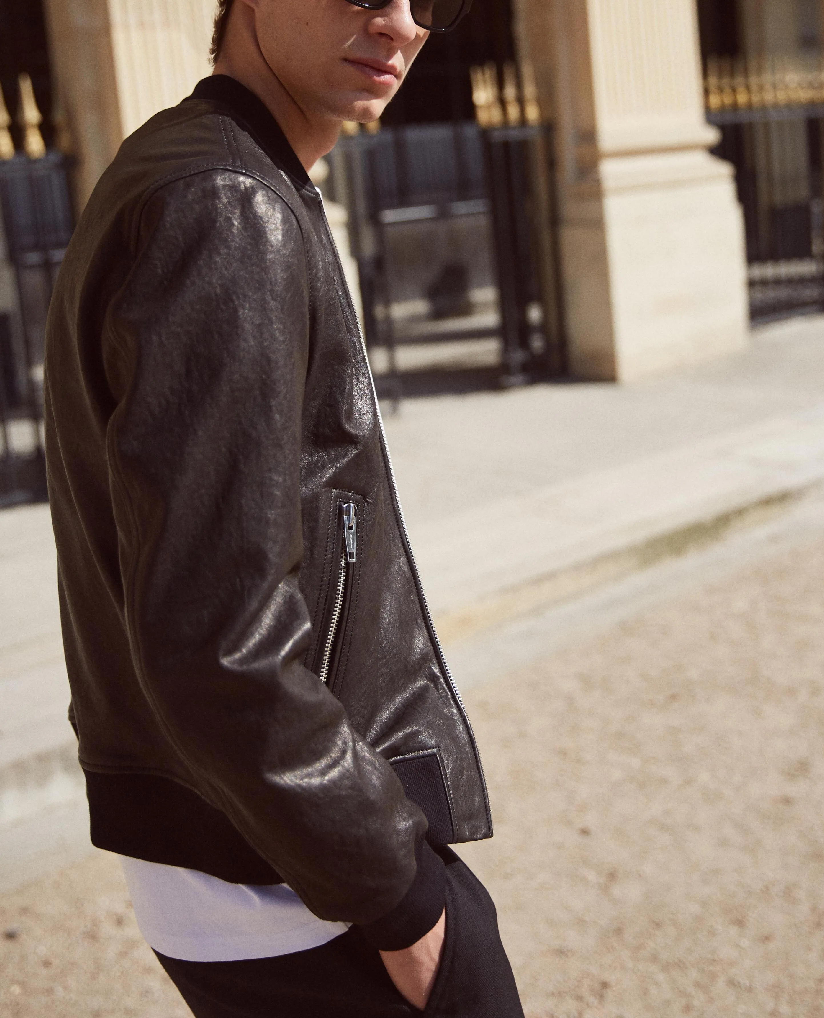 Blouson bomber en cuir noir col teddy