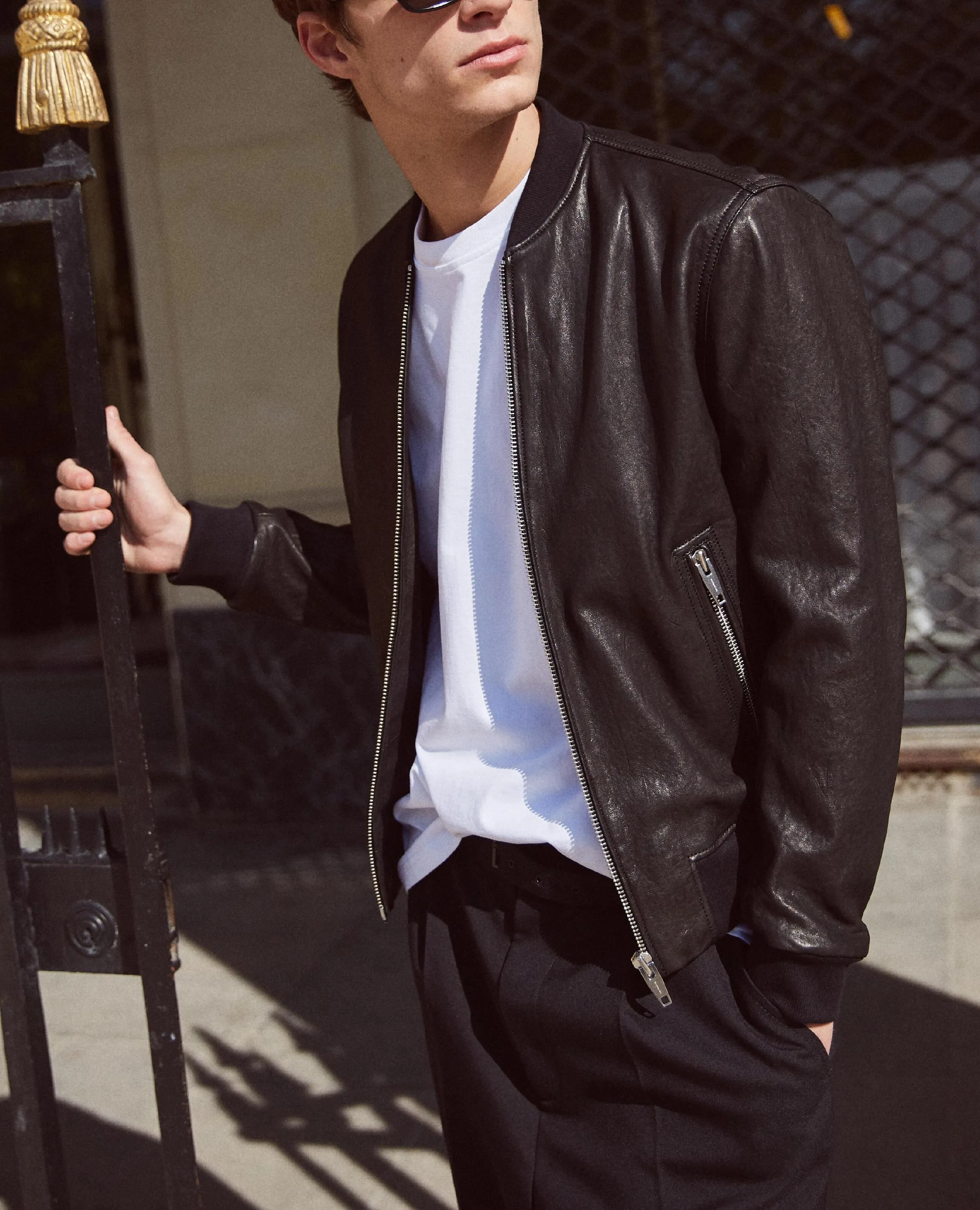 Blouson bomber en cuir noir col teddy