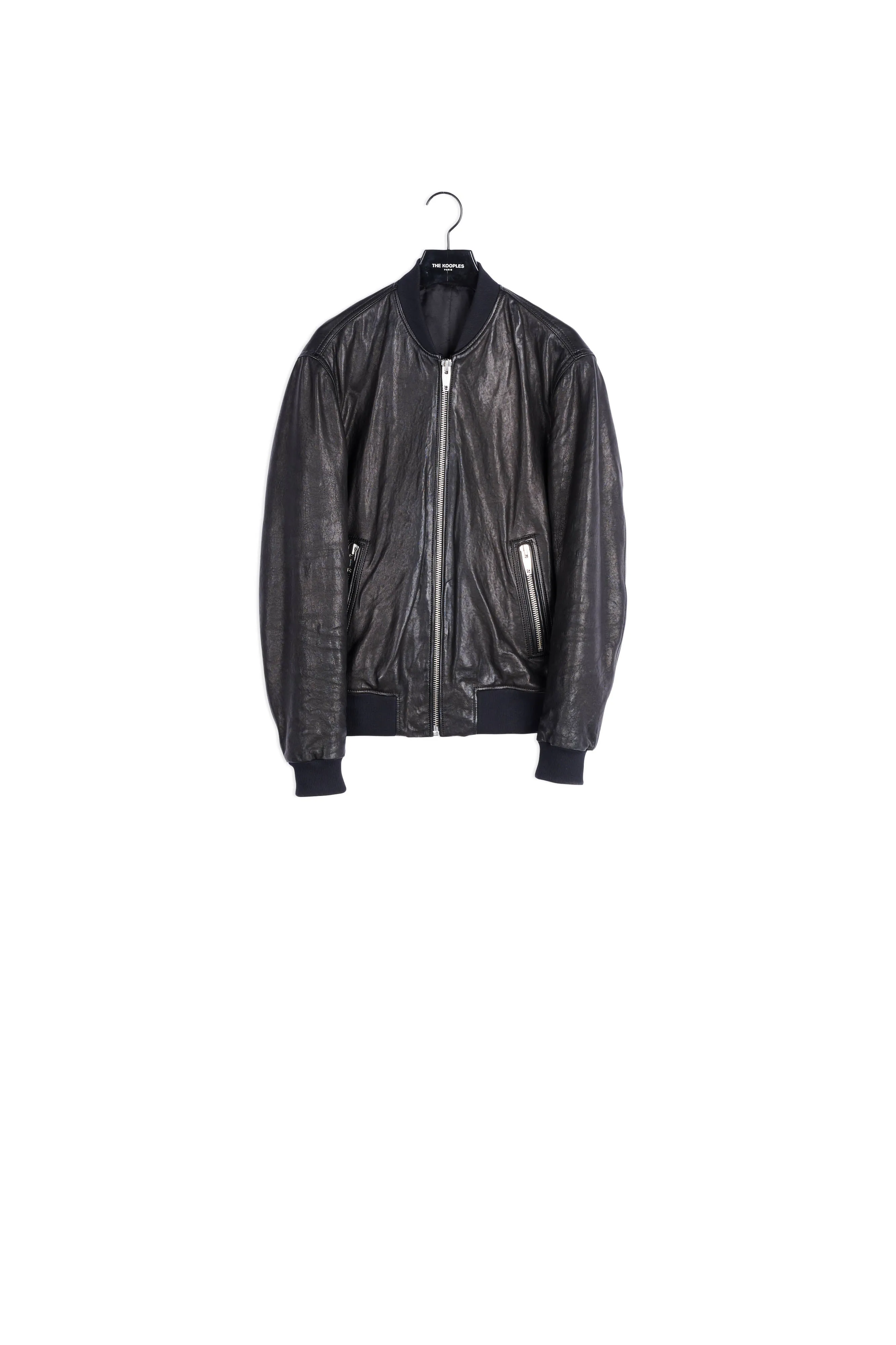 Blouson bomber en cuir noir col teddy