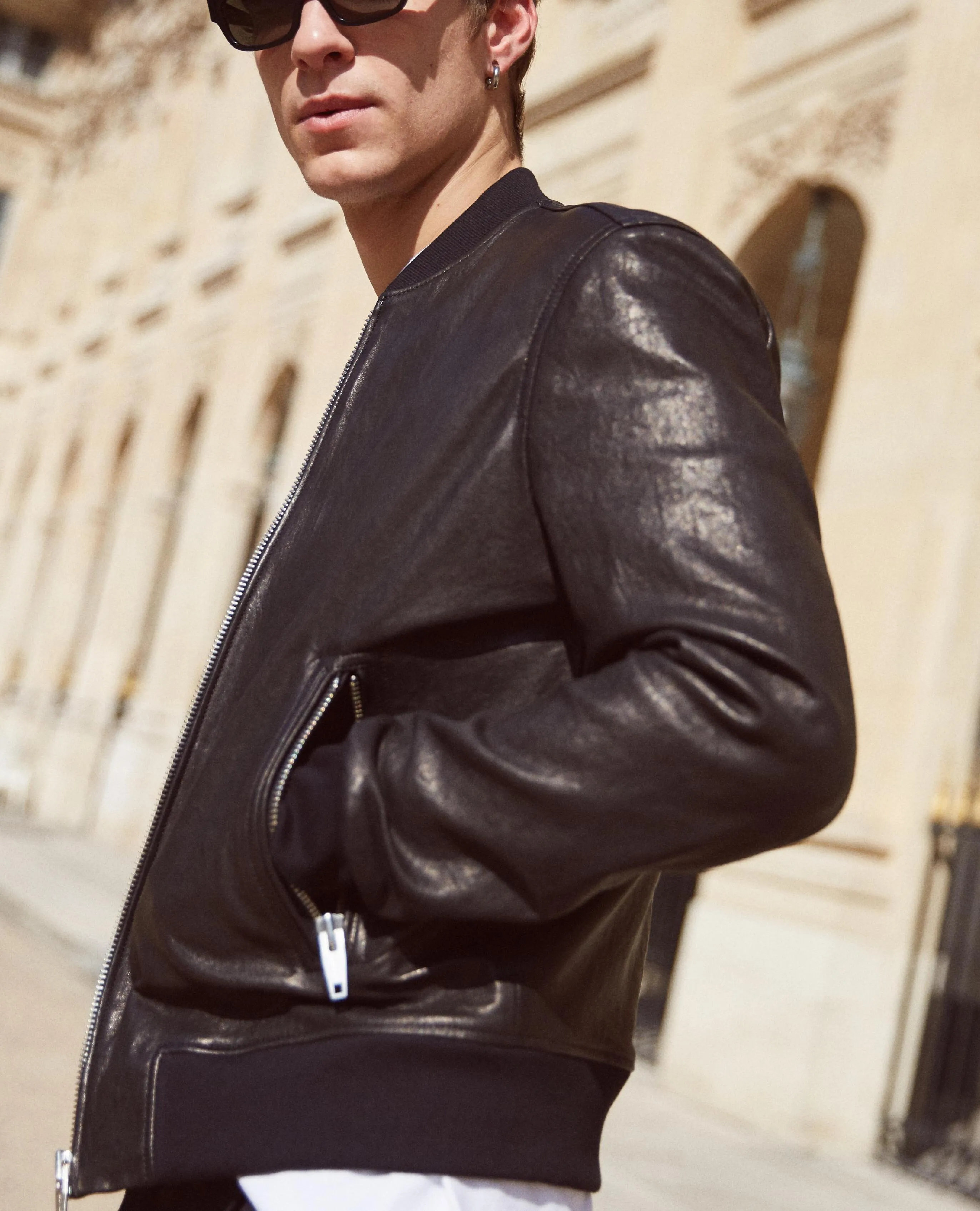 Blouson bomber en cuir noir col teddy