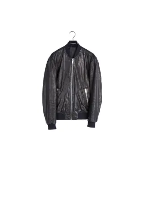 Blouson bomber en cuir noir col teddy