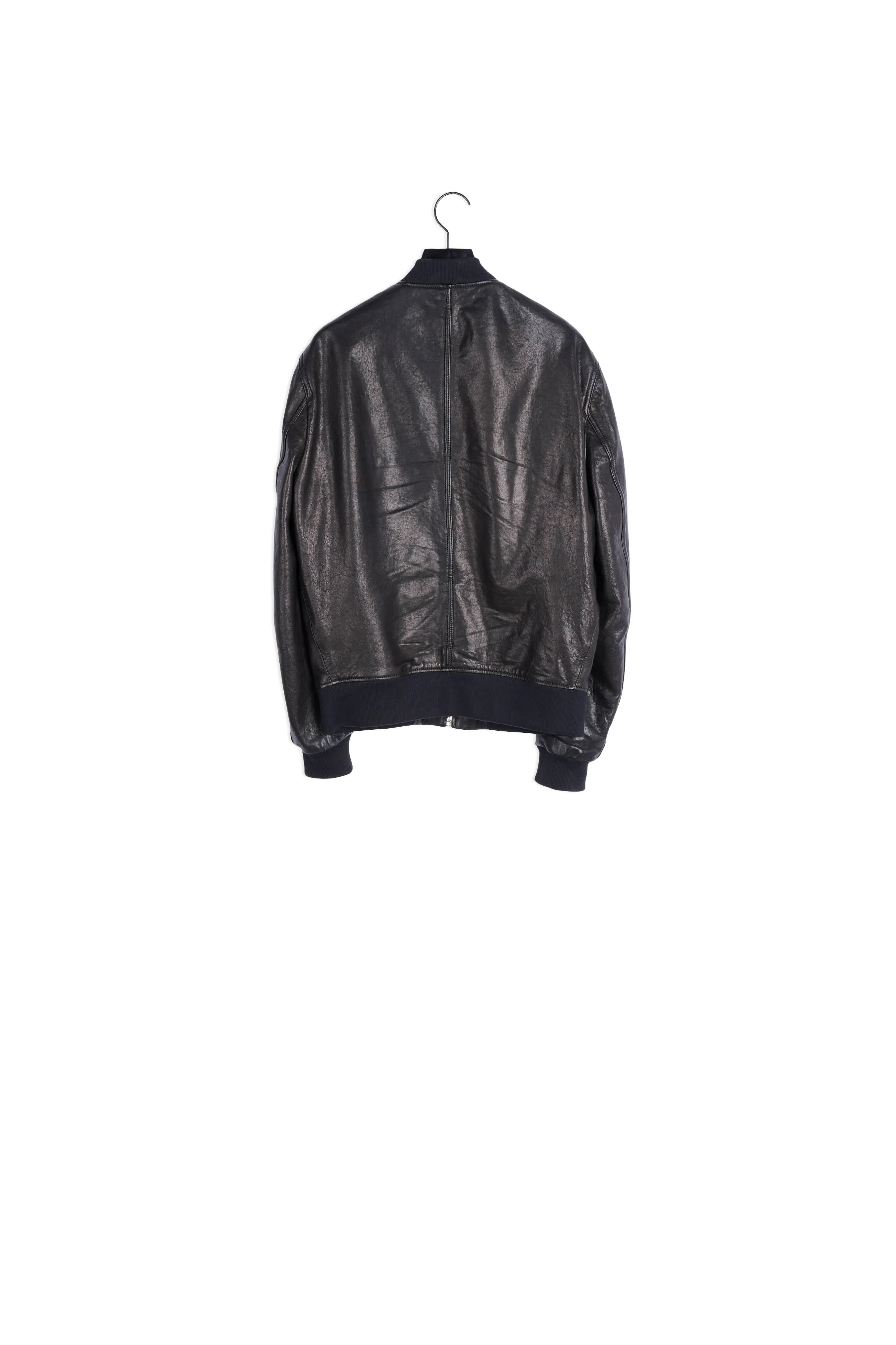 Blouson bomber en cuir noir col teddy