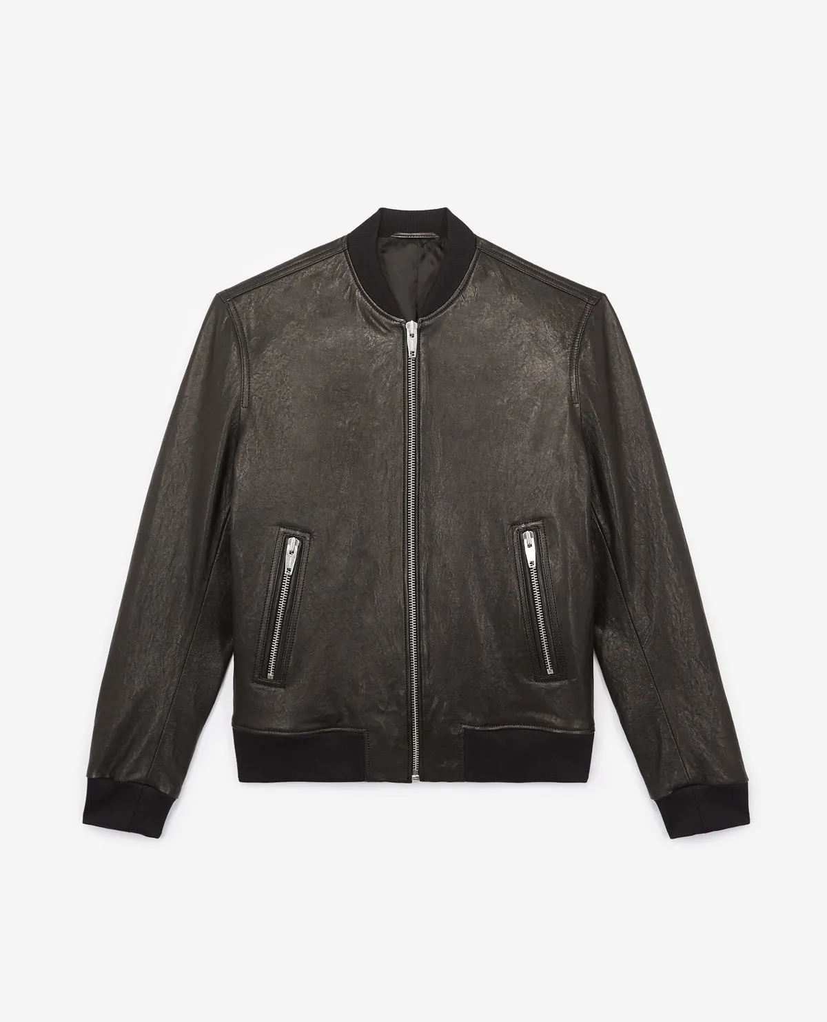 Blouson bomber en cuir noir col teddy