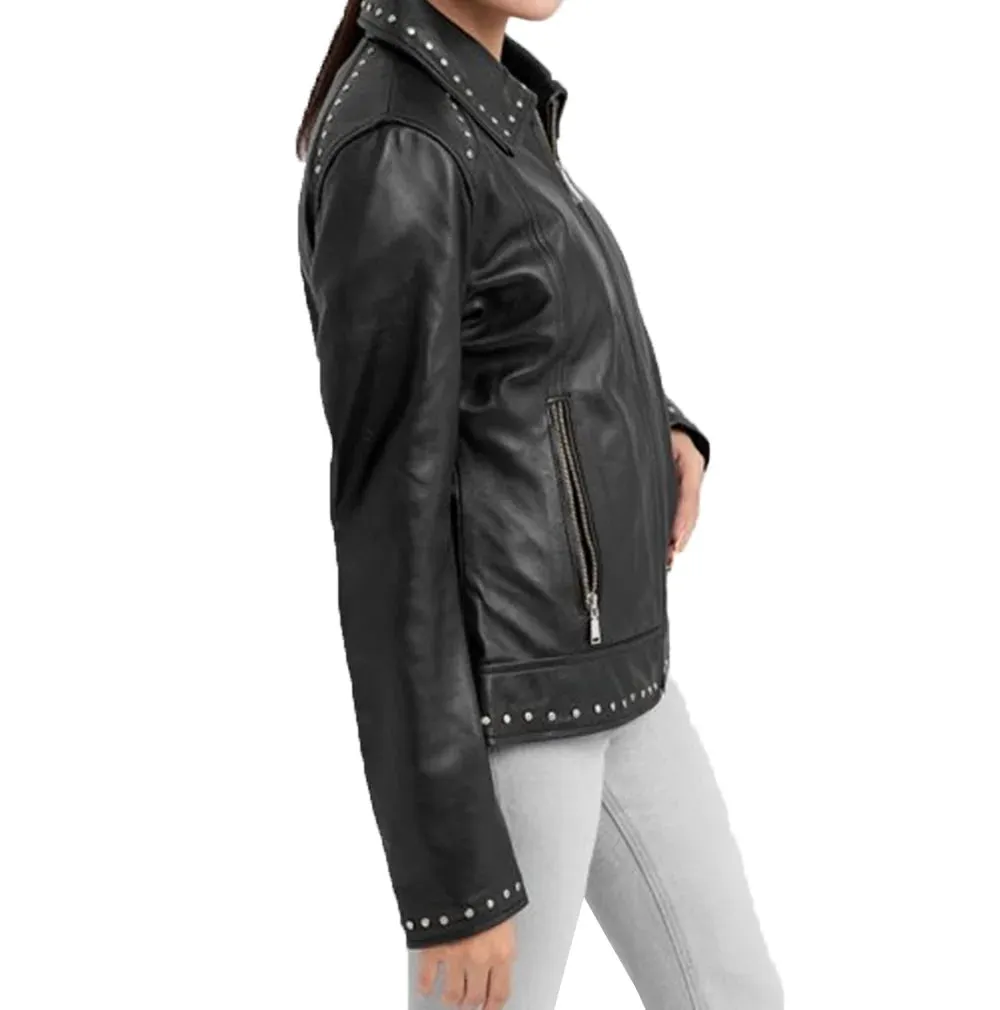 Classic Studded Black Leather Jacket Womens