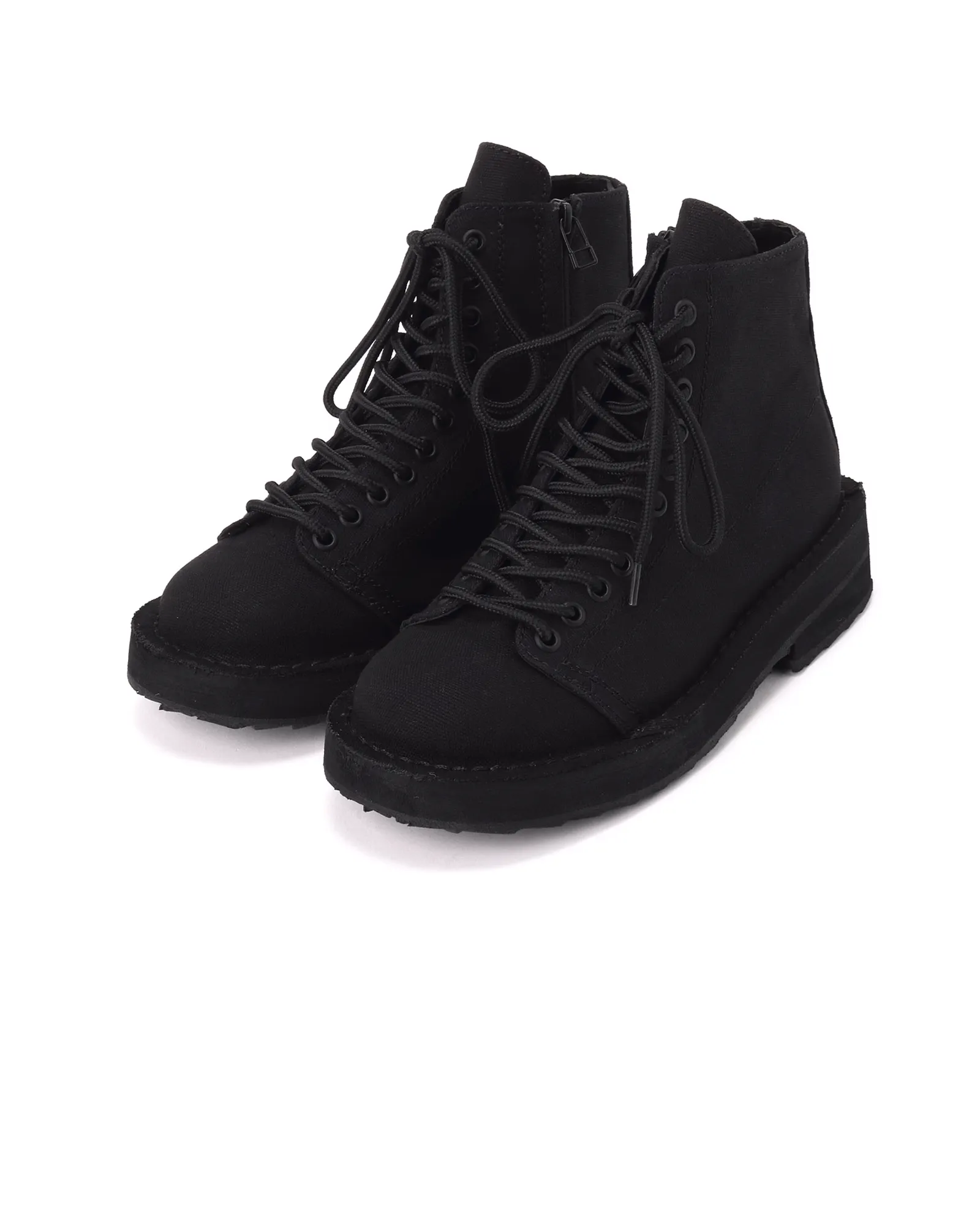 COTTON CANVAS LACE-UP BIKER BOOTS / BLACK