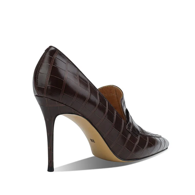 Gloria Brown Pointed Toe Loafer Heels