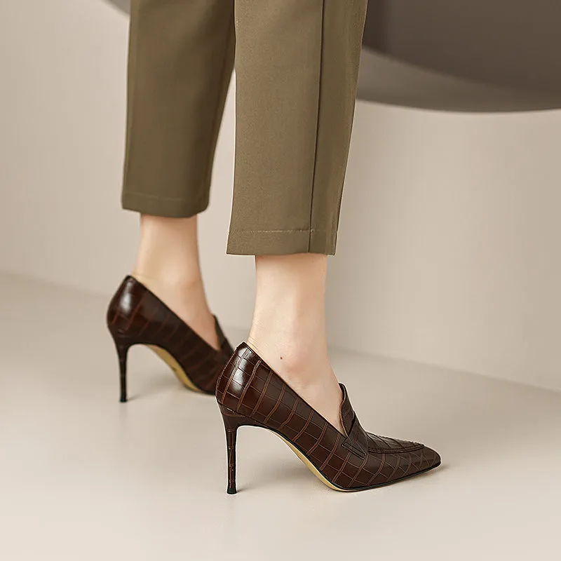 Gloria Brown Pointed Toe Loafer Heels