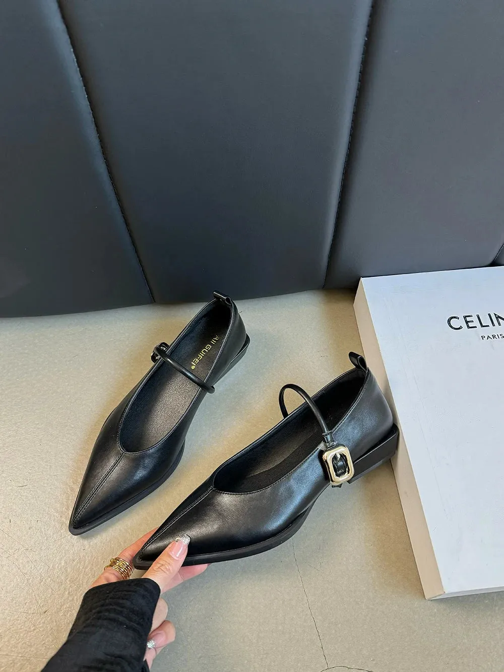 Hnzxzm Pointed Toe Women Loafers Black Brown White Casual Mules Shoes Belt Buckle Shallow Slip On Low Flat Heeled Party Pumps Size 40