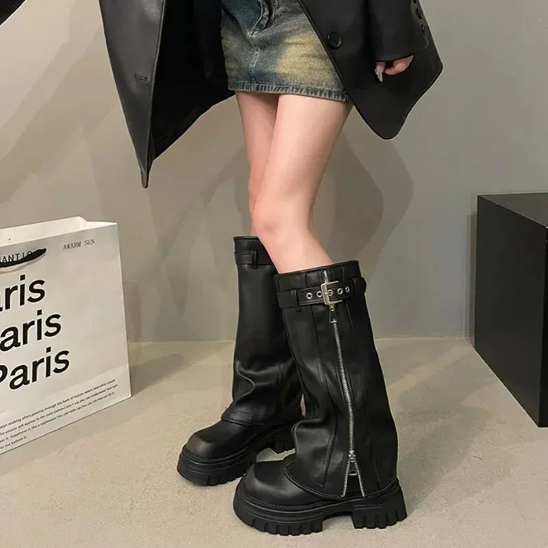 Hnzxzm Winter Women Biker Boots Fashion Belt Buckle Ladies Elegant Platform Long Pipe Booties Casual Women's Knee High Booties