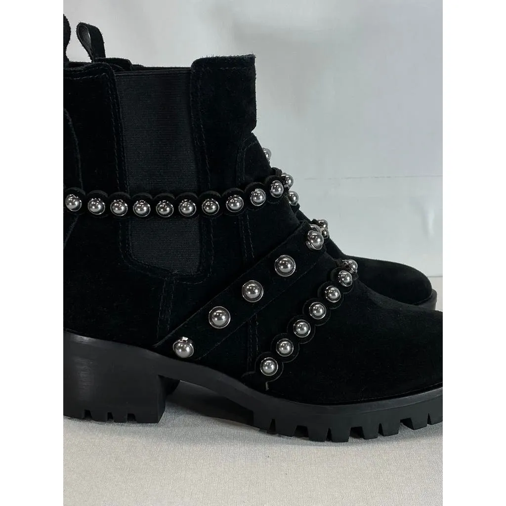 KARL LAGERFELD PARIS Women's Black Pia Faux Pearl Studded Chelsea Boots SZ 7.5