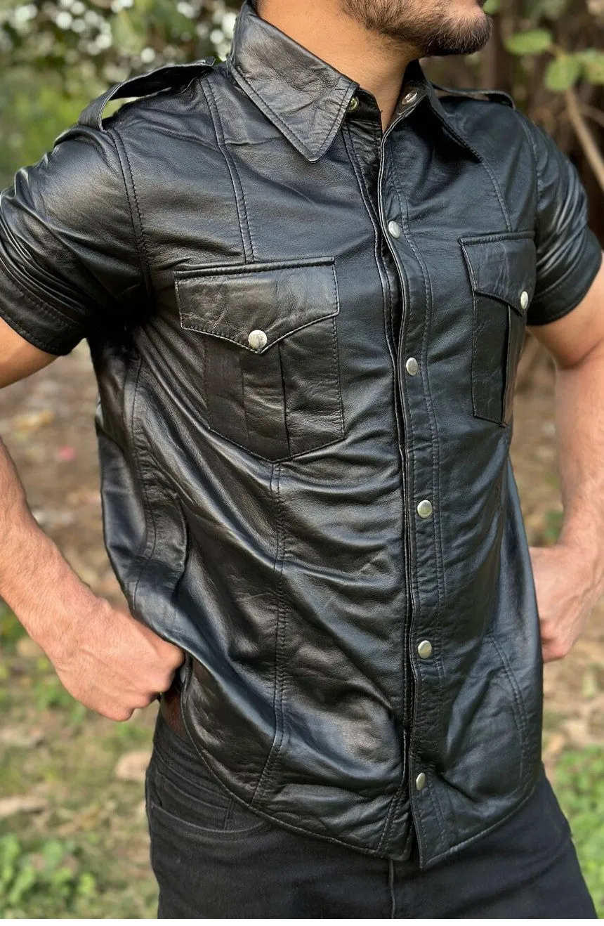 Lotus Genuine Black Leather Shirt Jacket Men Biker Motorcycle