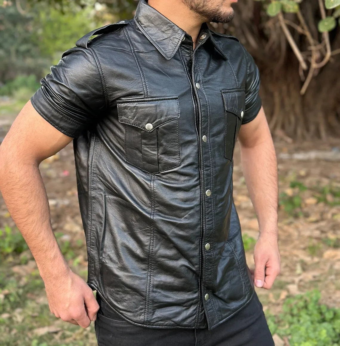 Lotus Genuine Black Leather Shirt Jacket Men Biker Motorcycle