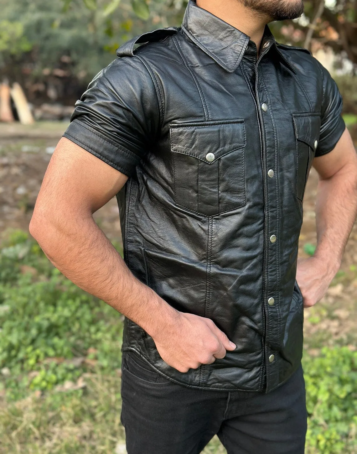 Lotus Genuine Black Leather Shirt Jacket Men Biker Motorcycle