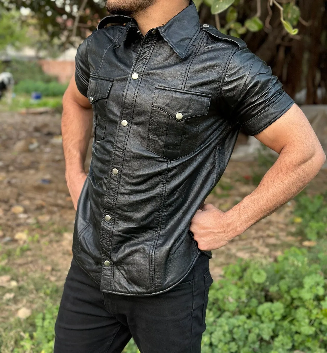 Lotus Genuine Black Leather Shirt Jacket Men Biker Motorcycle
