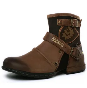 LuxVest - Heren Leren Enkelboots met Gesp en Geborduurd Ontwerp, Casual Biker Schoenen