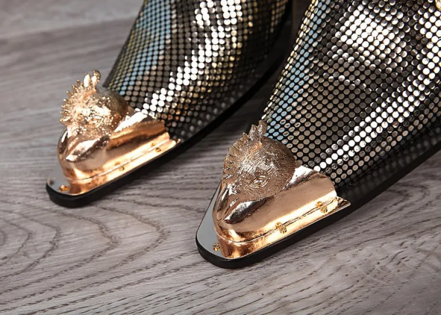 Metallic Gold and Silver Pointed Toe Leather Formal Shoes