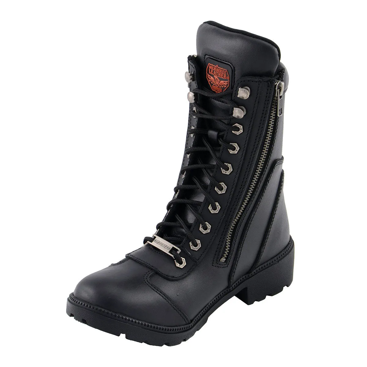 Milwaukee Leather MBL9301 Women's Black Leather Lace-Up Motorcycle Biker Riding Boots with Side Zipper Entry