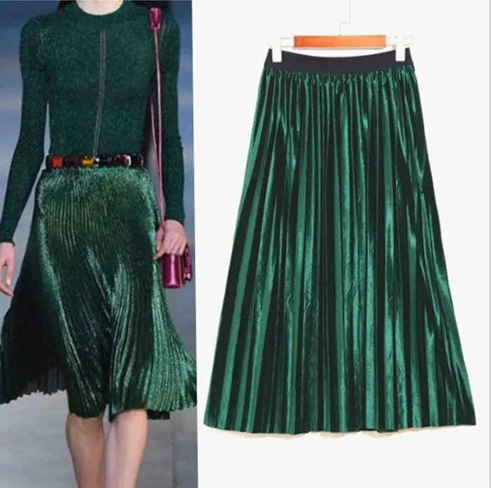 Pleated Glossy Velvet High Waist Long Skirt