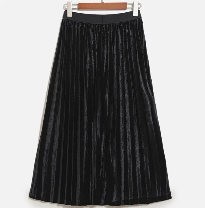 Pleated Glossy Velvet High Waist Long Skirt