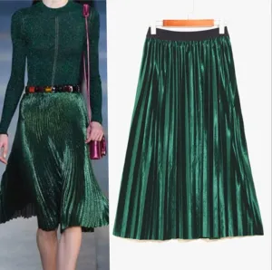 Pleated Glossy Velvet High Waist Long Skirt