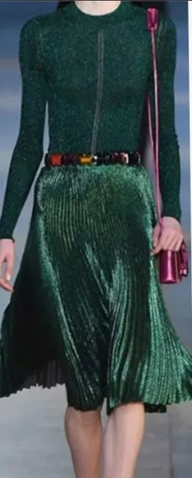 Pleated Glossy Velvet High Waist Long Skirt