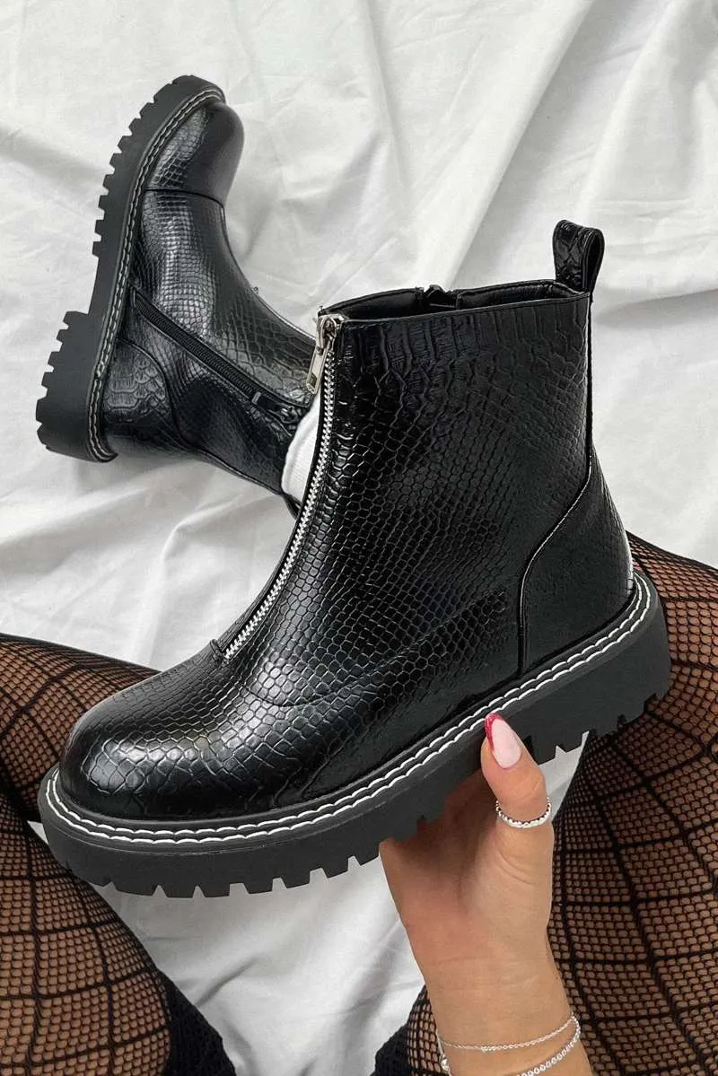 REBEL Zip Front Ankle Boots - Black Croc