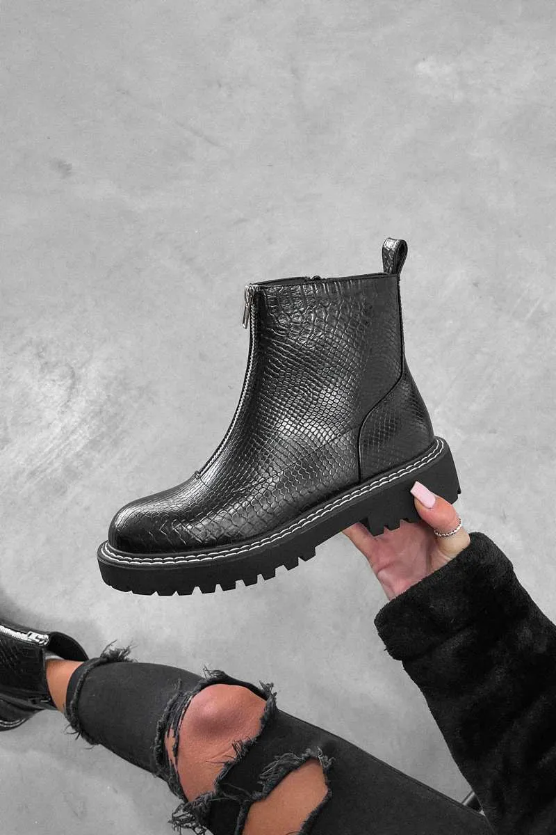 REBEL Zip Front Ankle Boots - Black Croc