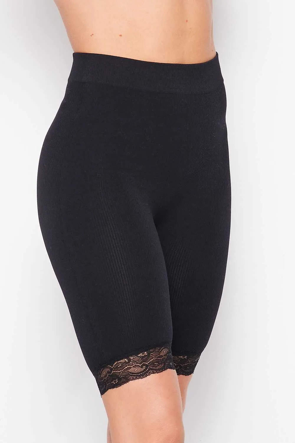 Rib High Waisted Lace Trim Biker Shorts