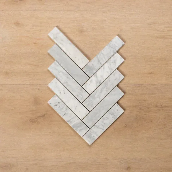 Sample of Cottesloe Carrara White Herringbone Honed Marble Mosaic Tile