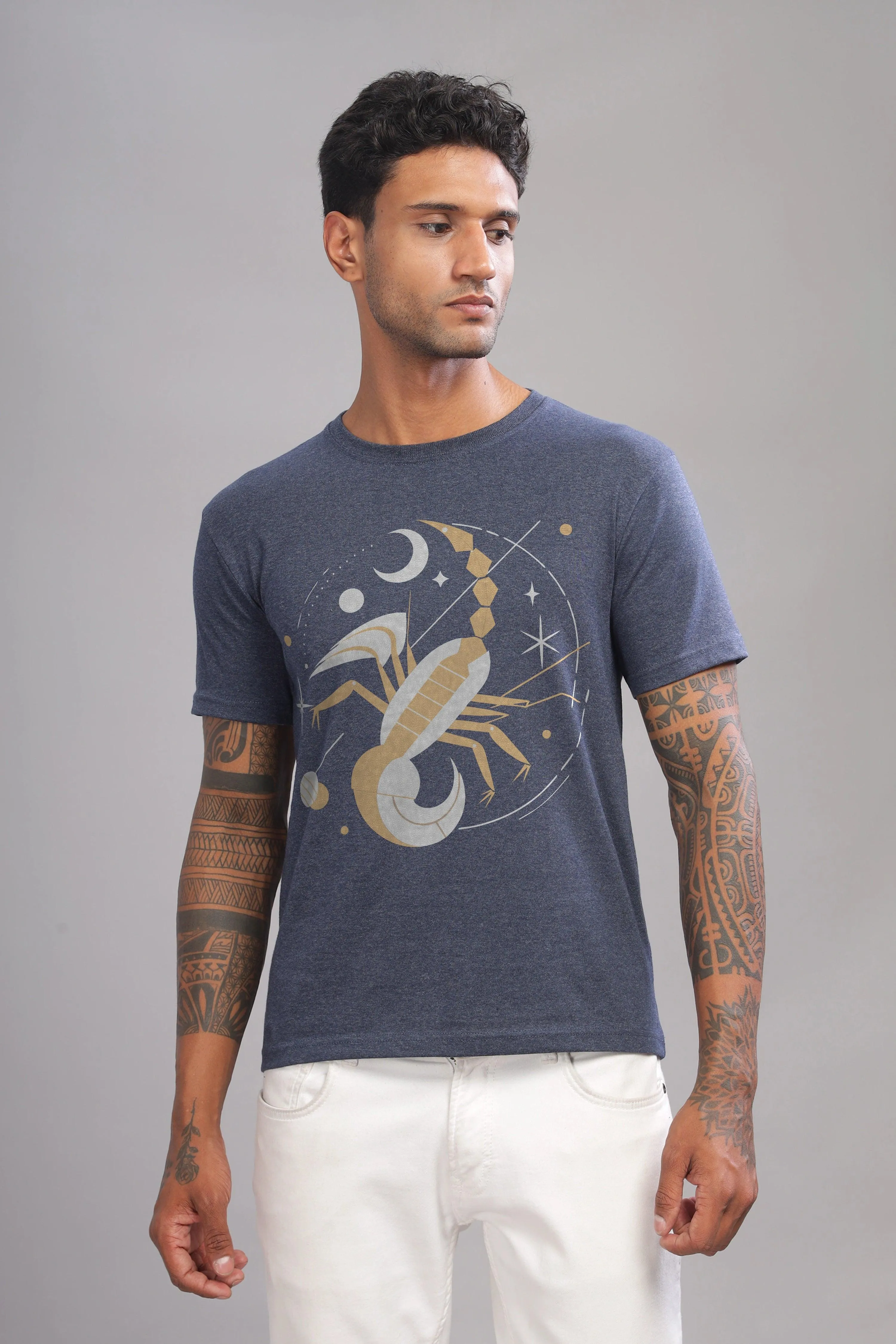 Stylish Scorpio Denim Blue Half Sleeve Printed Round Neck T-Shirt