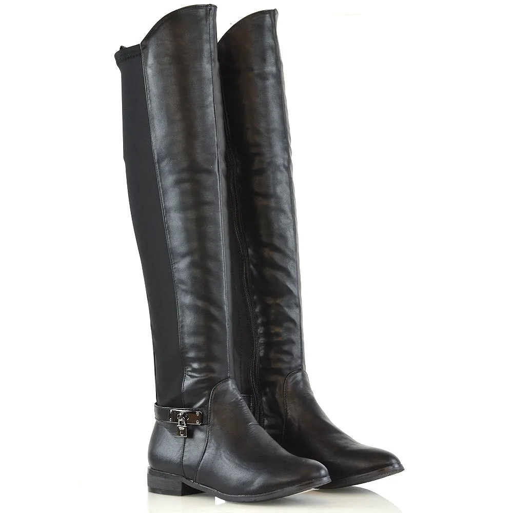 Taylor Over The Knee High Flat Heel Buckle Detail Women Boots in Black Synthetic Leather