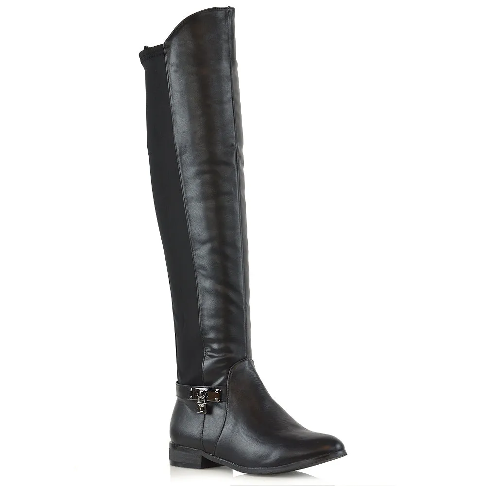 Taylor Over The Knee High Flat Heel Buckle Detail Women Boots in Black Synthetic Leather
