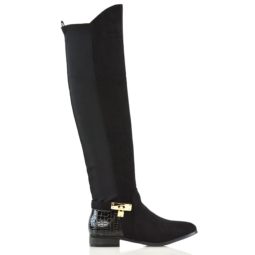 Taylor Over The Knee High Flat Heel Buckle Detail Women Boots in Black Synthetic Leather