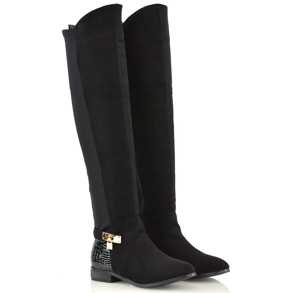 Taylor Over The Knee High Flat Heel Buckle Detail Women Boots in Black Synthetic Leather