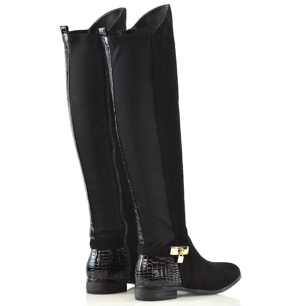 Taylor Over The Knee High Flat Heel Buckle Detail Women Boots in Black Synthetic Leather