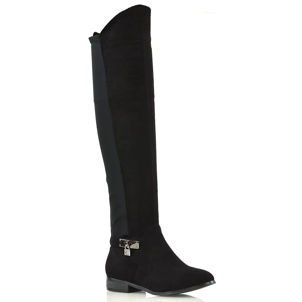 Taylor Over The Knee High Flat Heel Buckle Detail Women Boots in Black Synthetic Leather