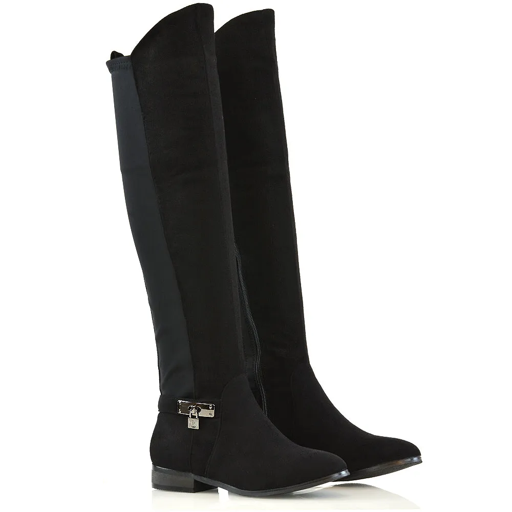 Taylor Over The Knee High Flat Heel Buckle Detail Women Boots in Black Synthetic Leather
