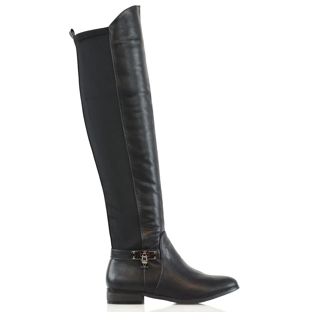 Taylor Over The Knee High Flat Heel Buckle Detail Women Boots in Black Synthetic Leather