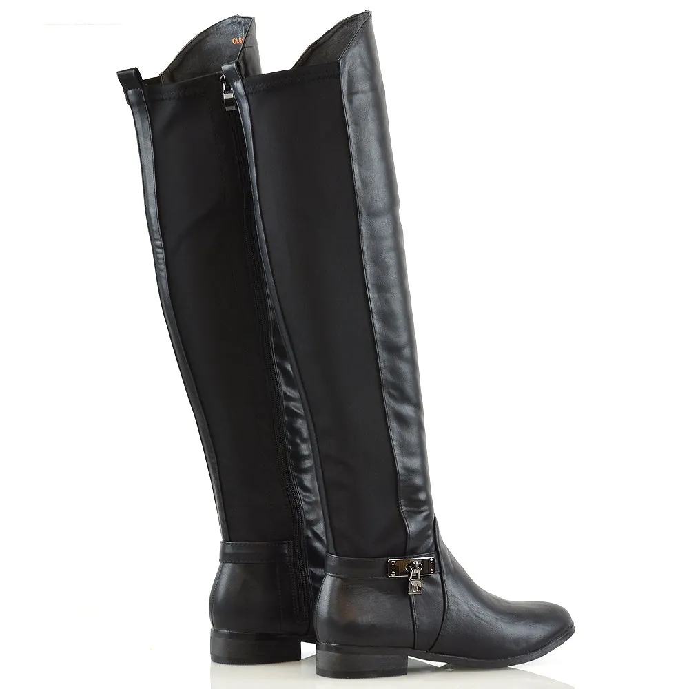 Taylor Over The Knee High Flat Heel Buckle Detail Women Boots in Black Synthetic Leather