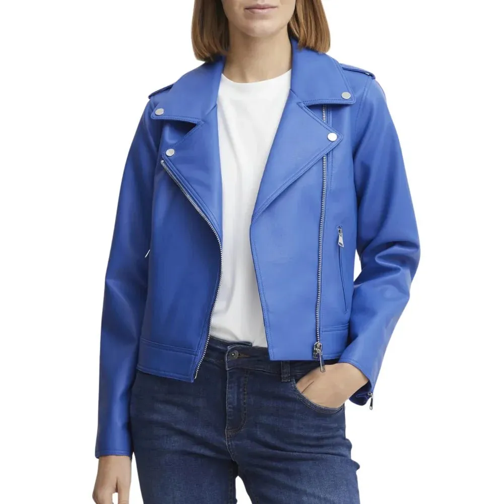 Womens Blue Leather Biker Jacket