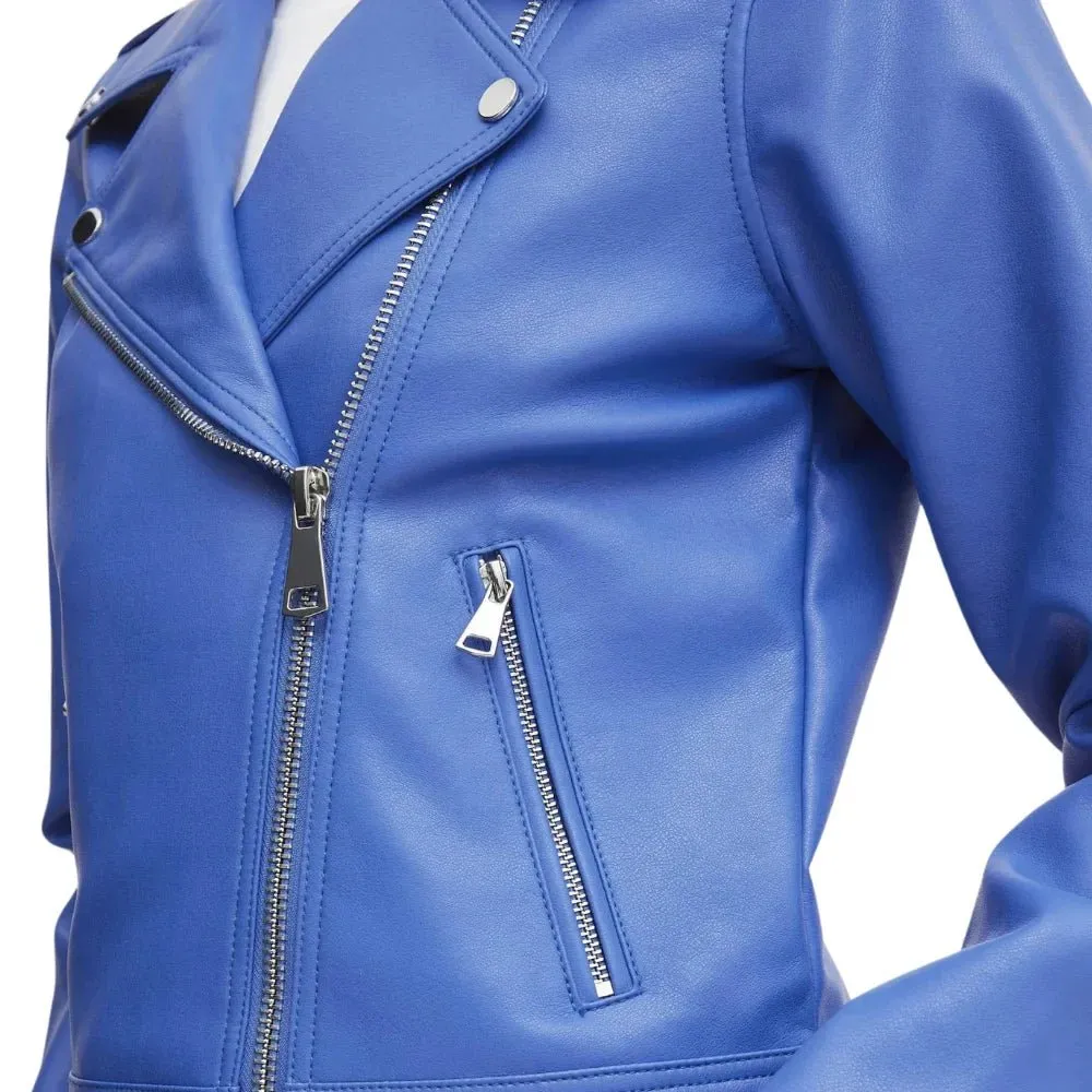 Womens Blue Leather Biker Jacket