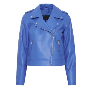 Womens Blue Leather Biker Jacket