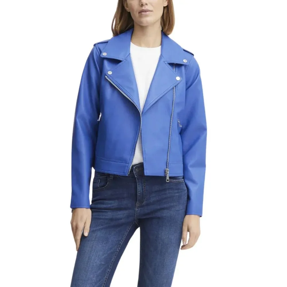 Womens Blue Leather Biker Jacket